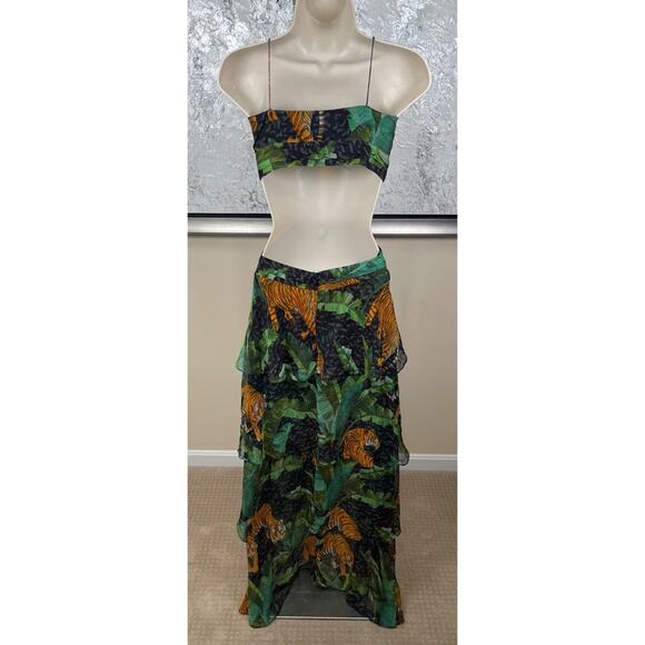 Retrofete Paulina Silk Cutout Tiered Safari Print Black Maxi Dress Size XS - Picture 7 of 9